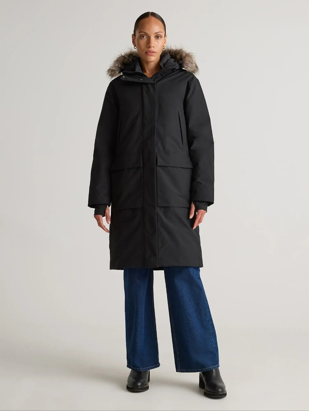 Quince Responsible Down Womens Black Parka Coat with Faux Fur Trim  Medium NWT